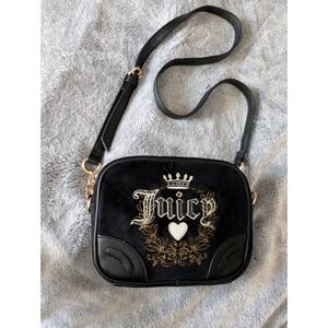 Juicy Couture Black Velour Crossbody Camera Bag Gold Crown Logo Embroidered